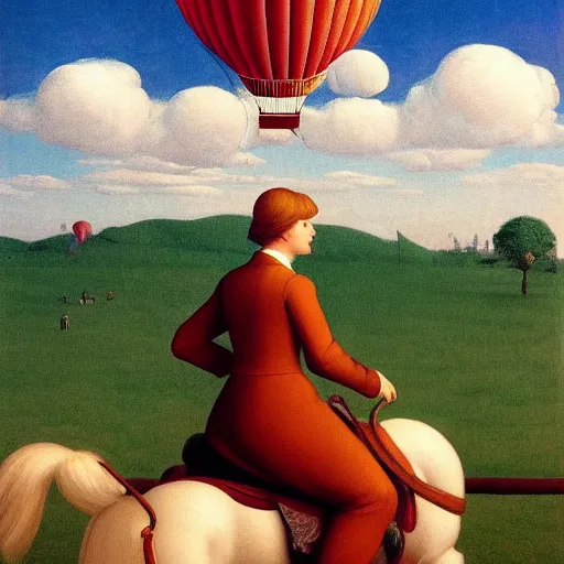 Image similar to a pure lady riding her horse, hot-air-balloon in the background, by Raphael, Hopper, and Rene Magritte. detailed, romantic, enchanting, trending on artstation.