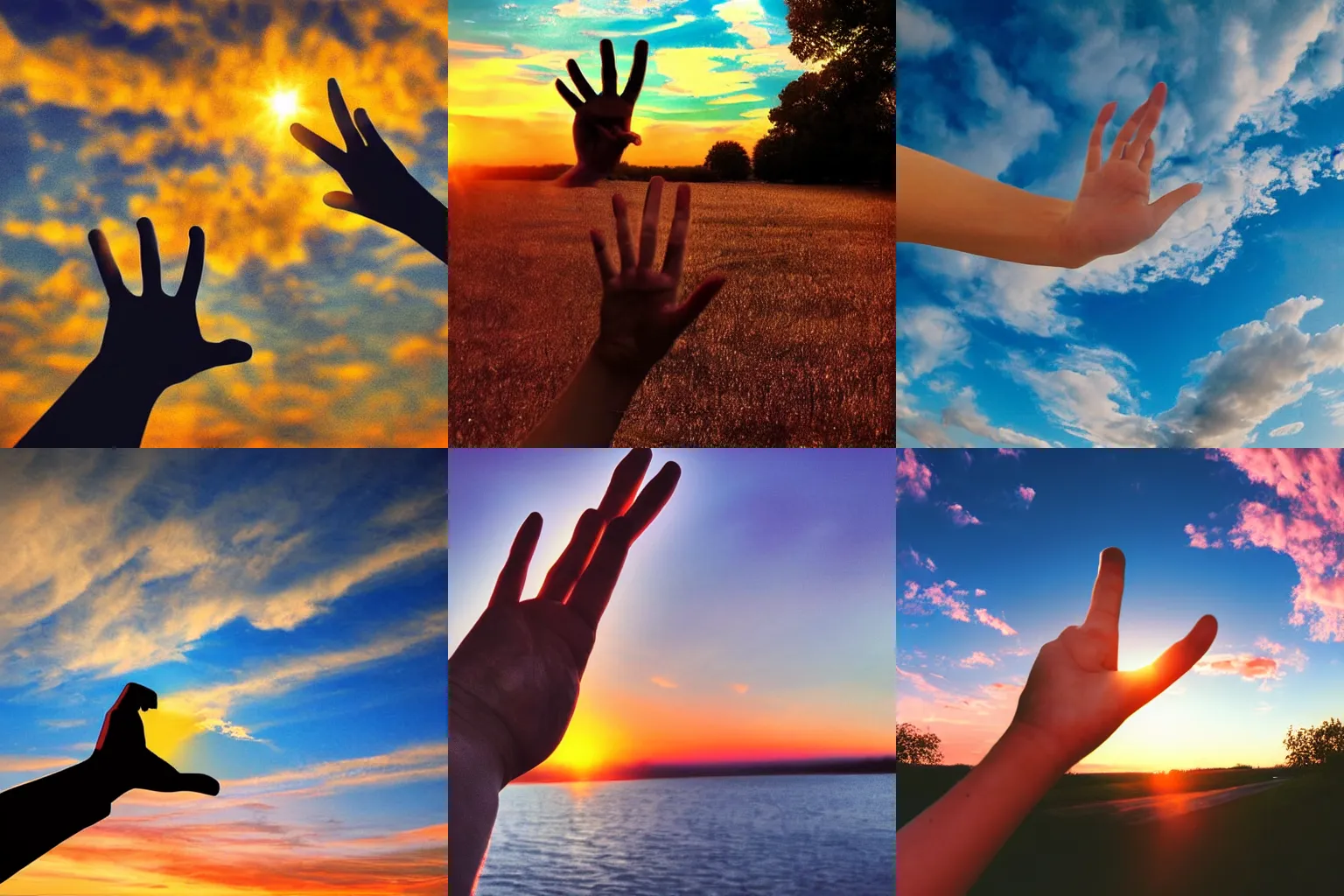 Prompt: A hand reaching out and pointing to the sky, first person perspective, wide angle, pretty sky at sunset, digital art