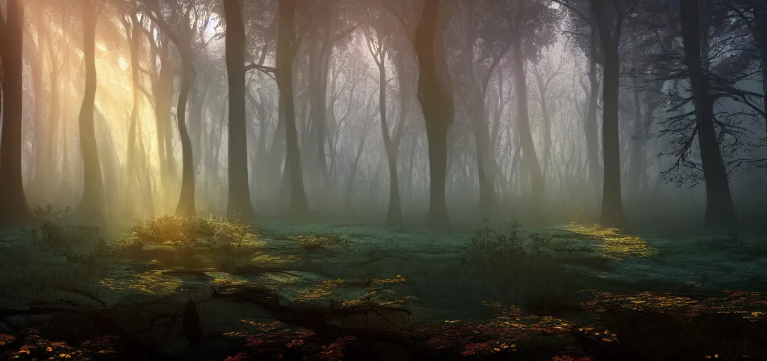 Prompt: dramatic view of a mystical forest at dusk with winding branches, glowing forest floor, light rays from above landscape, eerie fog, mysterious haze, unreal engine, dramatic lighting, ultra detailed, ambient occlusion, slight bloom, illumination, soft lighting, crepuscular rays, ray tracing, vibrant, vivid colors, beautiful, by noah bradley and jordan grimmer