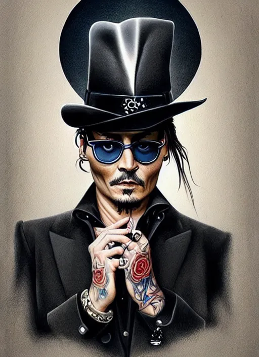 Image similar to johnny depp play james bond film by james jean, karol bak