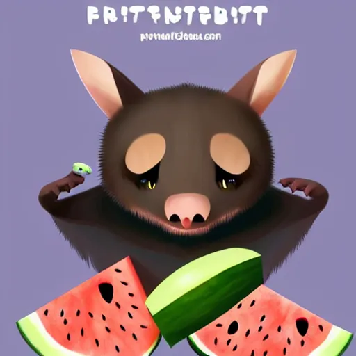 Prompt: cute kawaii realistic fruit bat eats a watermelon piece, digital art, high quality, illustration, art, detailed, 3 d render, sticker,