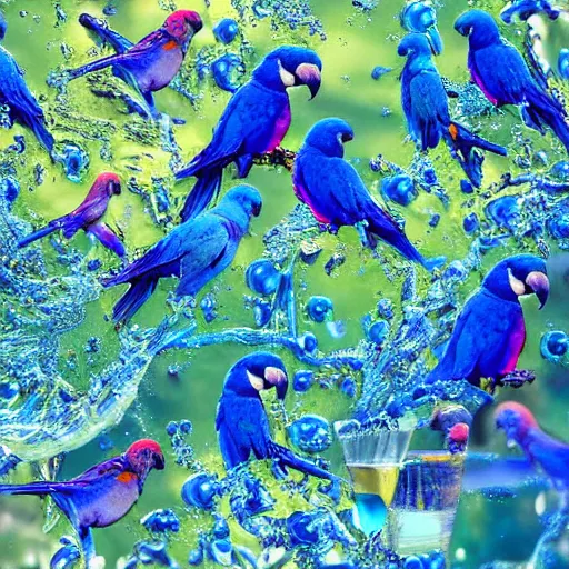 Prompt: blue parrots emerging from fluids mixing, atmospheric liquids, ornate intricate, hyper realistic, 16k, post processing, saturated blue colors, nature background