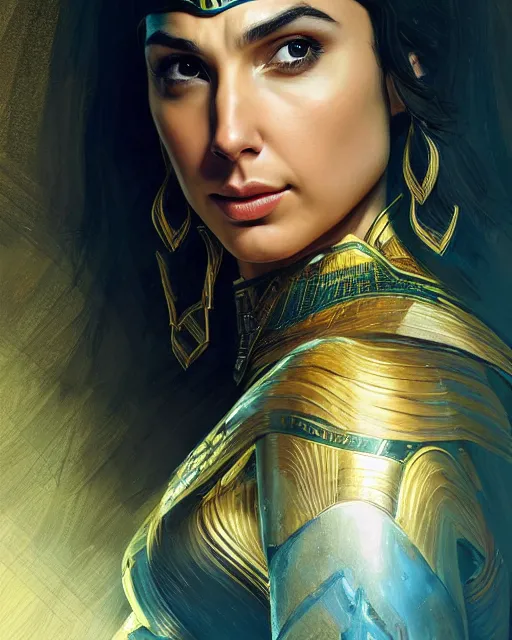 Image similar to Gal Gadot as a beautiful Egyptian princess, gorgeous, portrait, Symmetrical, powerful, intricate, beautiful, masterpiece, elegant, volumetric lighting, highly detailed, artstation, sharp focus, no cropping, illustration, Jean-Leon Gerome , ruan jia