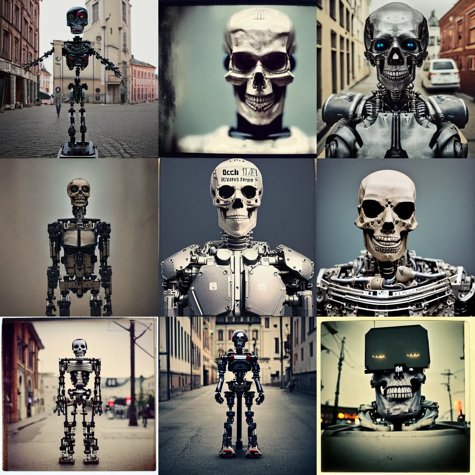Prompt: legnica. close up. cyborg mark zuckerberg as skull robot, in legnica, full body, cinematic focus, polaroid photo, vintage, neutral dull colors, soft lights, by oleg oprisco, by thomas peschak, by discovery channel, by victor enrich, by gregory crewdson