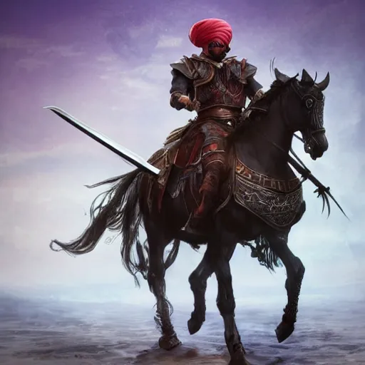 Image similar to an illustration for a new video game, by square enix, about a hero who fights for his nation, very realistic details and details, wearing a turban and also riding a black horse, while carrying a large sword, his clothes are very patterned desert, and also symmetrical, perfect shape and line, this illustration is drawn by yoshitaka amano