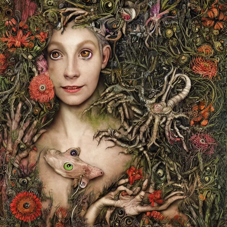 Image similar to a fish eye lense photograph of a grinning alien dryad with goat pupils transforming herself into a beast. her skin is covered in scales and feathers. flowers surround her body and trees tower around her. painted by jan van eyck, max ernst and ernst haeckel, trending on artstation, 8 k, award winning, hard lighting, photorealistic painting, fashion editorial