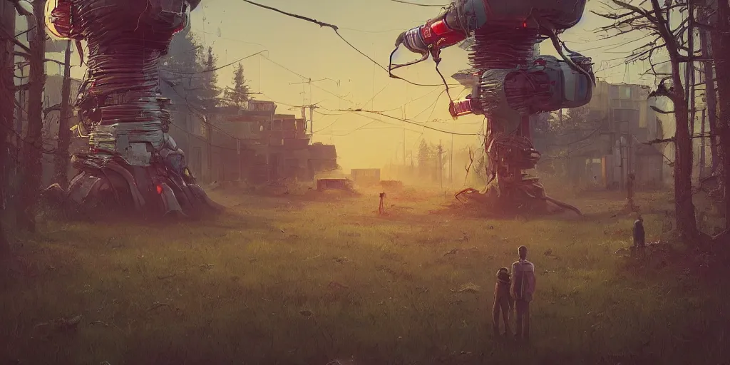 Image similar to a weird view with a giant weird creaturesimon stalenhag, highly detailed, digital art, realistic, trending on artstation, 4 k