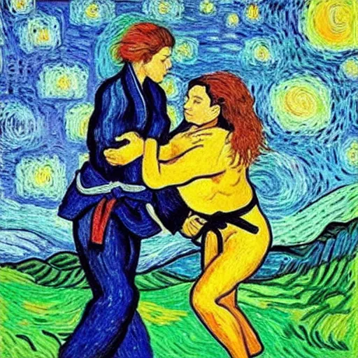 Image similar to “ two woman jujitsu, vincent can gogh ”