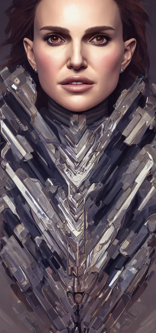 Image similar to symmetry!! portrait of natalie portman in the style of horizon zero dawn, machine face, intricate, elegant, highly detailed, digital painting, artstation, concept art, smooth, sharp focus, illustration, art by artgerm and greg rutkowski and alphonse mucha, 8 k