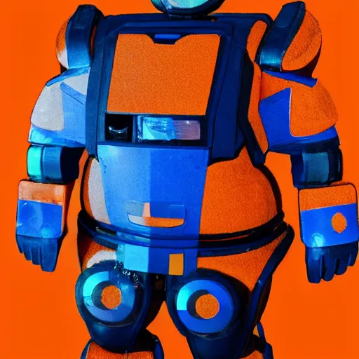 Prompt: A bear in orange and blue cyber armor facing you
