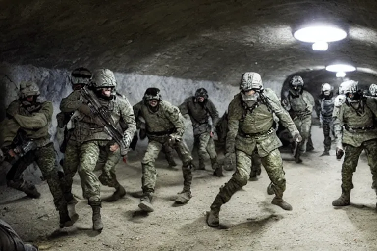 Prompt: battle between human soldiers and grey aliens in a dark underground tunnel