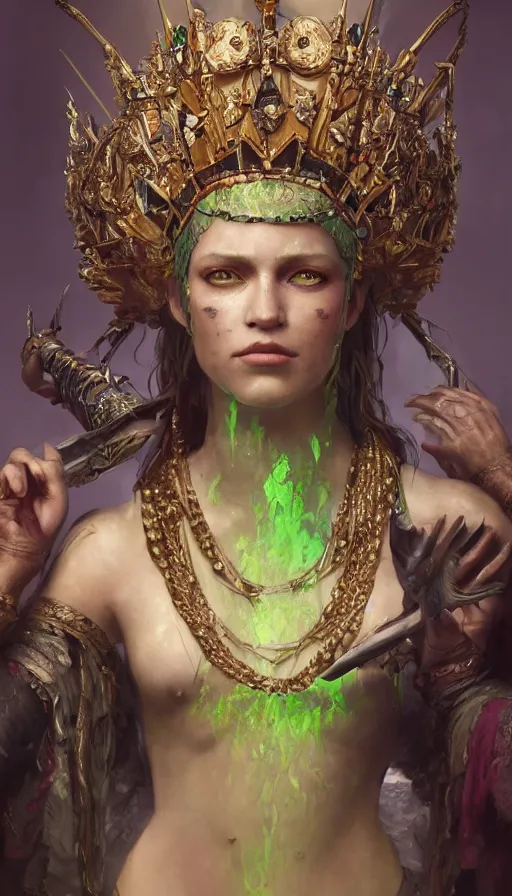 Prompt: epic masterpiece portrait of a queen with a goblet, on the battlefield, tribe makeup and jewelry, sweaty skin, hyperrealistic, octane render, cinematic, followed by heads with many faces, beautiful face and flawless skin, perfect hands, emeralds by Edgar Maxence and Ross Tran and Michael Whelan, Legends of Runeterra