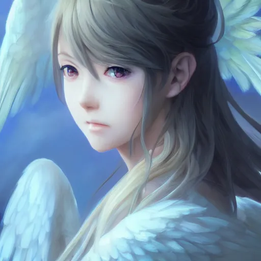 Image similar to an oil painting of a beautiful anime girl with angel wings, by artgerm, wlop and greg rutkowski, hd, hdr, ue 5, ue 6, unreal engine 5, cinematic 4 k wallpaper, 8 k, ultra detailed, high resolution, artstation, award winning