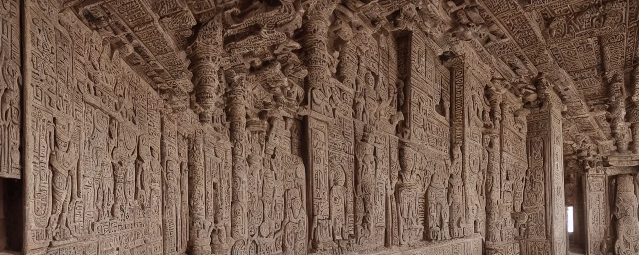 Prompt: temples intricately carved with language of the gods, depicting species long extinct and ethereal beings, sanskit, hieroglyphs, artistic carved into marble pillars at the entry way to heavan, high detail, cinema lens, cinematography, ethereal lighting - H 640