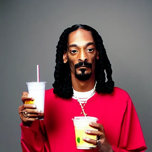 Image similar to Snoop Dogg holding a Boba Tea for a 1990s sitcom tv show, Studio Photograph, portrait, C 12.0