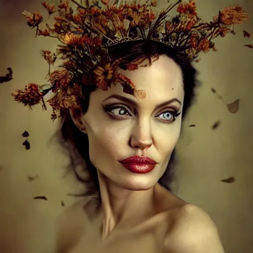 Image similar to fine art photo of angelina jolie, she has a crown of dried flowers, by oleg oprisco