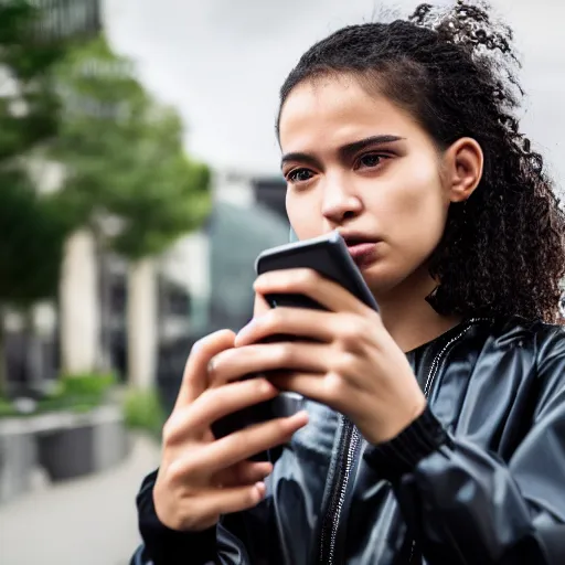 Image similar to candid photographic portrait of a poor techwear mixed young woman using a phone inside a dystopian city, closeup, beautiful garden terraces in the background, sigma 85mm f/1.4, 4k, depth of field, high resolution, 4k, 8k, hd, full color