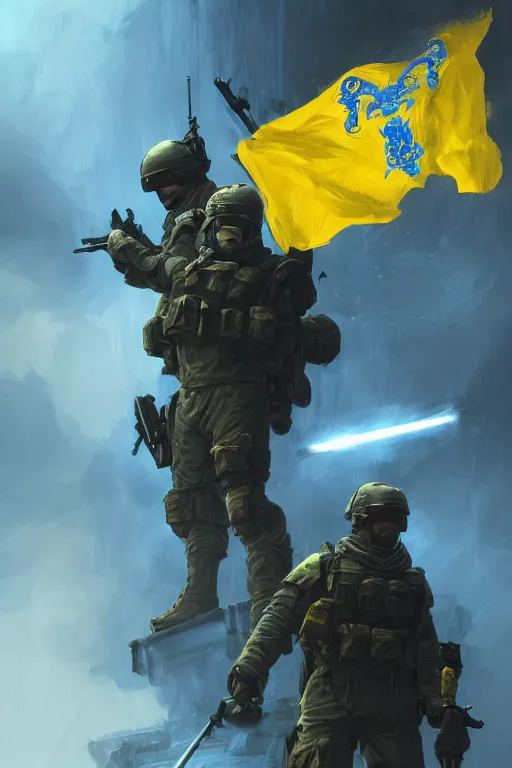 Prompt: a cinematic shot of a special forces unit with blue and yellow flag and standing ready to fight, masculine figure, d & d, fantasy, bright atmosphere, volumetric lights, intricate, elegant, extremely detailed, digital painting, artstation, concept art, matte, smooth, sharp focus, hyper realistic, illustration, art by artgerm and greg rutkowski and alphonse mucha