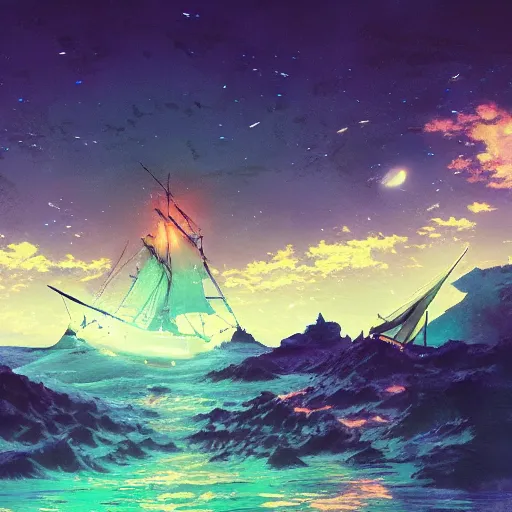 Prompt: disco diffusion painting of a pirates landscape by makoto shinkai, masterpiece, contest award winner