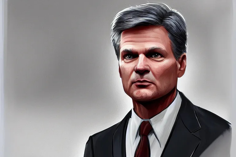 Image similar to fbi director Christopher Wray standing in trial, digital art, cgsociety, artstation