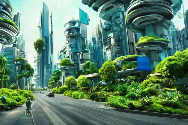 Image similar to a cinematic wideangle photograph of a utopian futuristic city street, green plants, blue sky, beautiful lighting, ultra realistic, movie still, futuristic utopia, ultra realistic