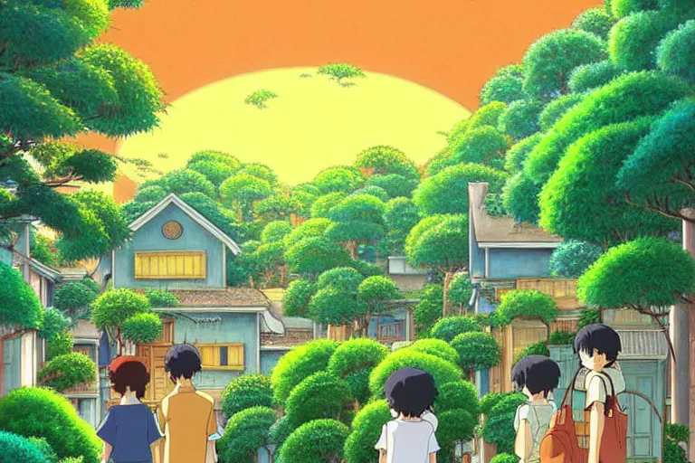 Image similar to an elaborate painting of a peaceful neighborhood, detailed, by studio ghibli!!!!!!!!!!! beautiful golden hour, anime, masterpiece