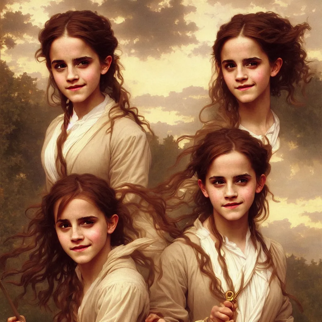 Image similar to Painting of Emma Watson as Hermione Granger. Wearing Hogwarts!!! robes!!!. Smiling. Happy. Cheerful. Art by william adolphe bouguereau. During golden hour. Extremely detailed. Beautiful. 4K. Award winning.