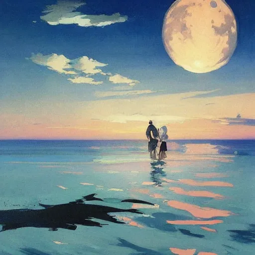 Image similar to NIGHT SEA, moon, DARK SCHEME, by studio ghibli painting,by Joaquin Sorolla rhads Leyendecker, by Ohara Koson and Thomas, cloud.