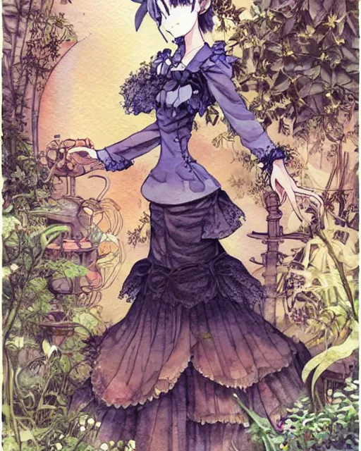 Image similar to middle woman with cat ears, wearing a lovely dress in a steampunk garden. this watercolor painting by the award - winning mangaka has impeccable lighting, an interesting color scheme and intricate details.