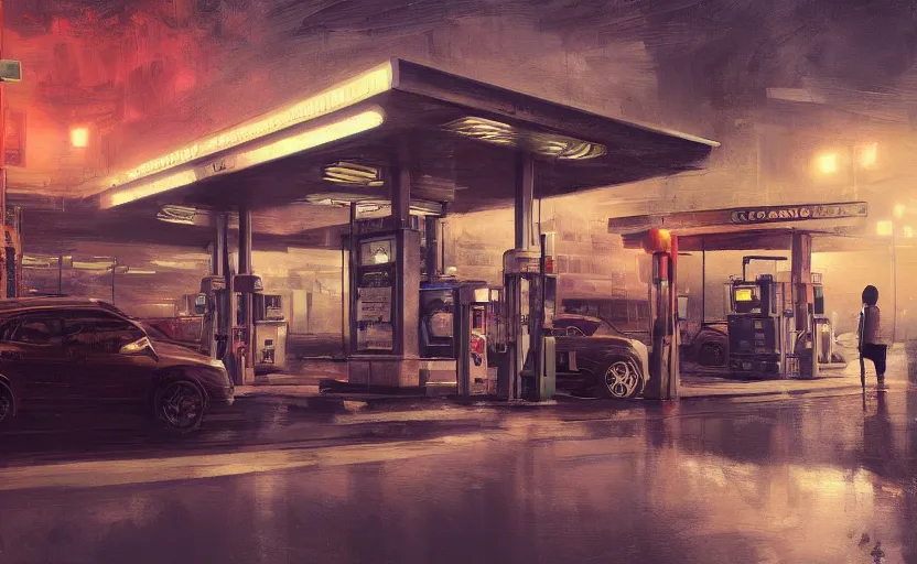 Image similar to Gas station, intricate, elegant, volumetric lighting, digital painting, highly detailed, artstation, sharp focus, illustration, concept art, ruan jia, steve mccurry