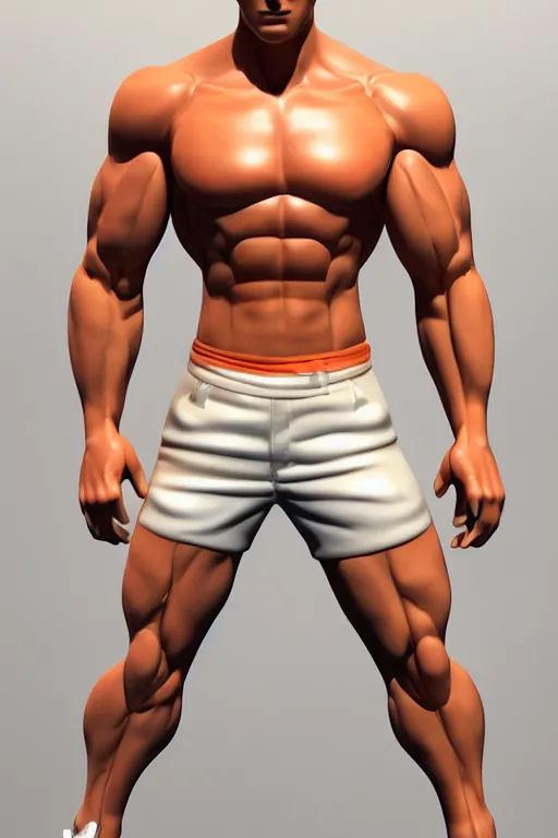 Image similar to a handsome man with blonde hair, ken doll, male android, muscular, wearing a cut-off white top and short light orange shorts, stands by a swimming pool, facing forward, in the style of artgerm and moebius and annie liebovitz, photorealistic, highly detailed, trending on artstation