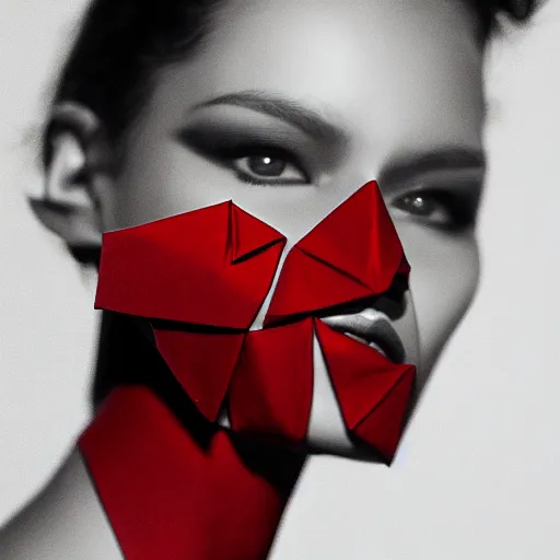 Image similar to origami portrait of a fashion model, black and red