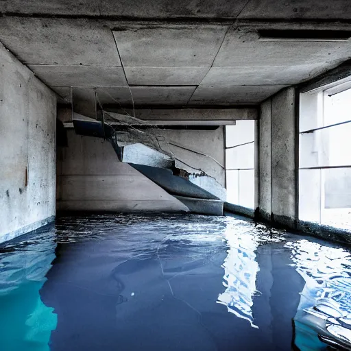 Prompt: dingy abandoned concrete room, triangular room, blue pool tiles, liminal space, museum, concrete staircase leading down, staircase flooded with water to create a moon pool, Photograph, found footage, dark, dingy.
