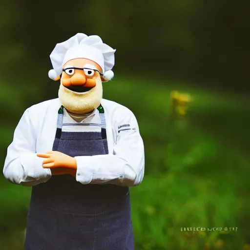 Image similar to real life photo of the Swedish chef from the muffins, portrait, photography, 200mm, lens flare, bokeh