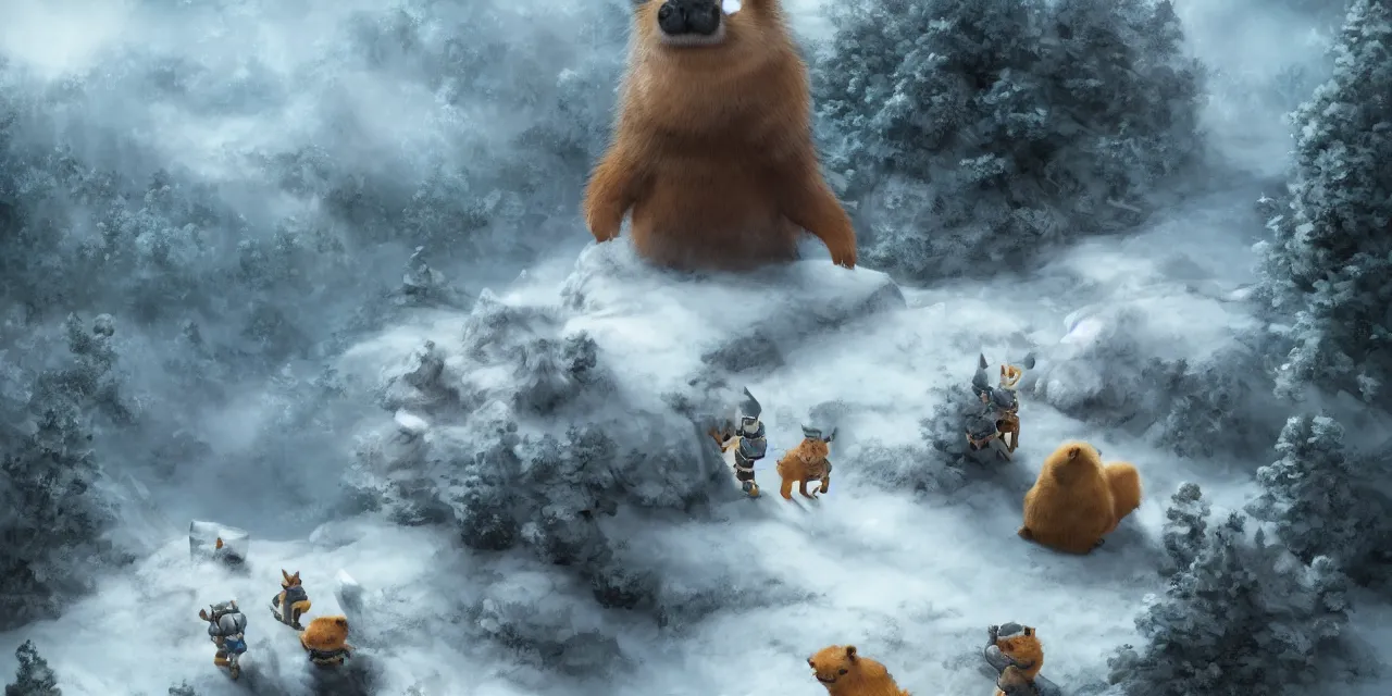 Prompt: portrait of cute anthropomorphic cat and capybara soldiers traveling in tundra between pine trees underneath big mountains with giant clouds, facing the camera, digital painting by rembrandt and akira toriyama, volumetric and cinematic lighting, d & d, artstation, epic 8 k