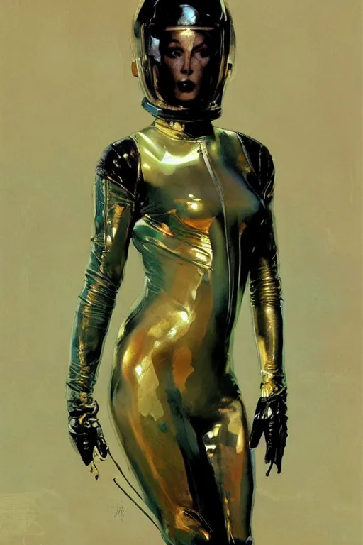 Image similar to pulp scifi fantasy illustration full body portrait of elegant woman wearing latex spacesuit, by norman rockwell, jack kirby, bergey, craig mullins, ruan jia, jeremy mann, tom lovell