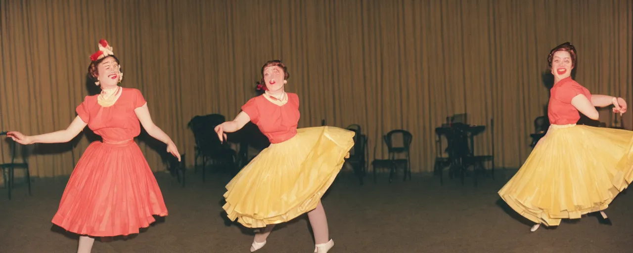 Image similar to a young woman dancing in a 1 9 5 0's poodle skirt made of spaghetti, canon 5 0 mm, cinematic lighting, photography, retro, film, kodachrome
