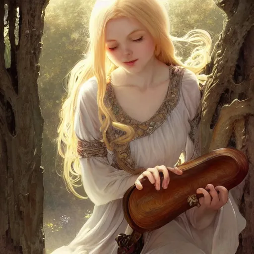 Image similar to elf fairy blond with a beautiful face, holding a lute, wearing a cardigan, highly detailed, intricate, digital painting, artstation, sharp focus, illustration, art by jakub rozalski, greg rutkowski, artgerm, tan zi and ayanamikodon and alphonse mucha and wlop