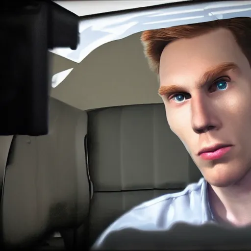 Prompt: jerma staring threateningly at the camera in the back of a cop car, hyper realistic, photography, centered, cctv footage