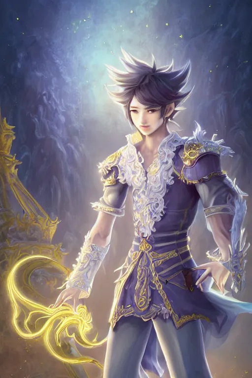 Image similar to fullbody portrait of a young male fit hero with strange hairs, soft smile, baroque cloth, luminous scene, final fantasy and legue of legends champion, by chengwei pan and sakimichan, gradient white to gold, in front of an iridescent magical building background, highly detailed portrait, digital painting, smooth, focus illustration