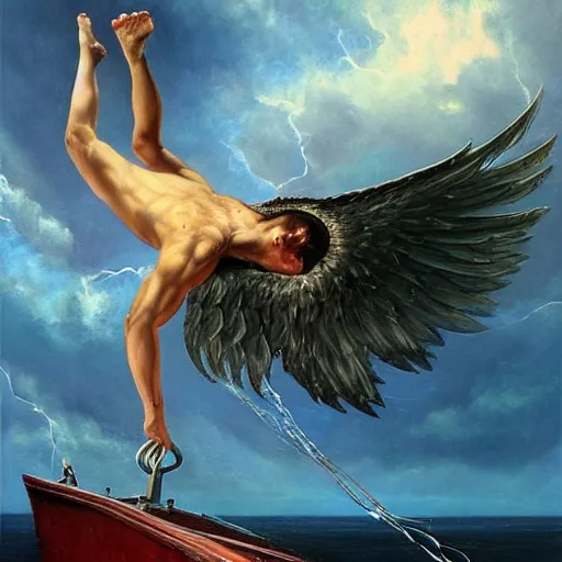 Image similar to beautiful painting by karol bak of a fourteen year old boy with and enormous mechanical wing strapped to his back, standing on the back of a boat in a storm, his arms spread, face looking skyward, wearing only shorts, ready to fly, full body, icarus, winged boy, young teen, rain, clouds, waves, splash,