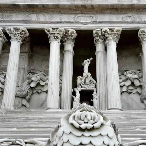 Image similar to the entrance of Valhalla made in marble white stone, ornate, beautiful, small detailed statues, lush, white nature, low angle,