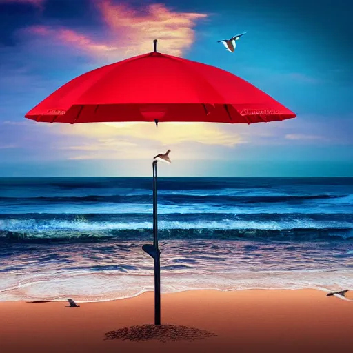 Image similar to seagulls flying over a beach umbrella on the beach at sunrise, concept art, highly detailed, high quality, bright colors,