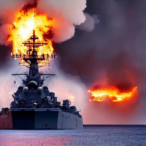 Prompt: an epic photo of a battleship on fire in a movie scene , 4k