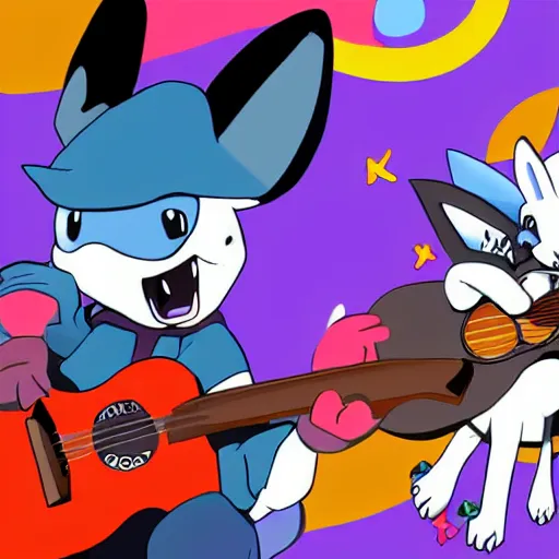 Image similar to lucario and k. K. Slider playing guitar at Woodstock, portrait full body, digital art, high quality, beautiful colors, mesmerizing