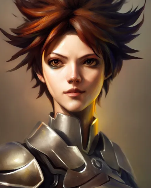 Prompt: tracer wearing knight armor, perfect face, cinematic, stunning, cute, adorable, strong, highly detailed, psychedelic, digital painting, artstation, smooth, hard focus, illustration, art by jessica rossier and and brian froud