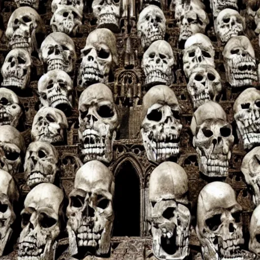 Image similar to A cathedral made out of skulls. Dream like, muted colors, dark, dreary.