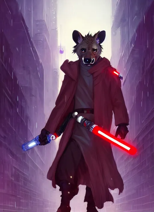 Prompt: beautiful portrait commission of a male furry anthro hyena fursona wearing jedi robes and wielding a red lightsaber in a cyberpunk city at night in the rain. character design by charlie bowater, ross tran, artgerm, and makoto shinkai, detailed, inked, western comic book art