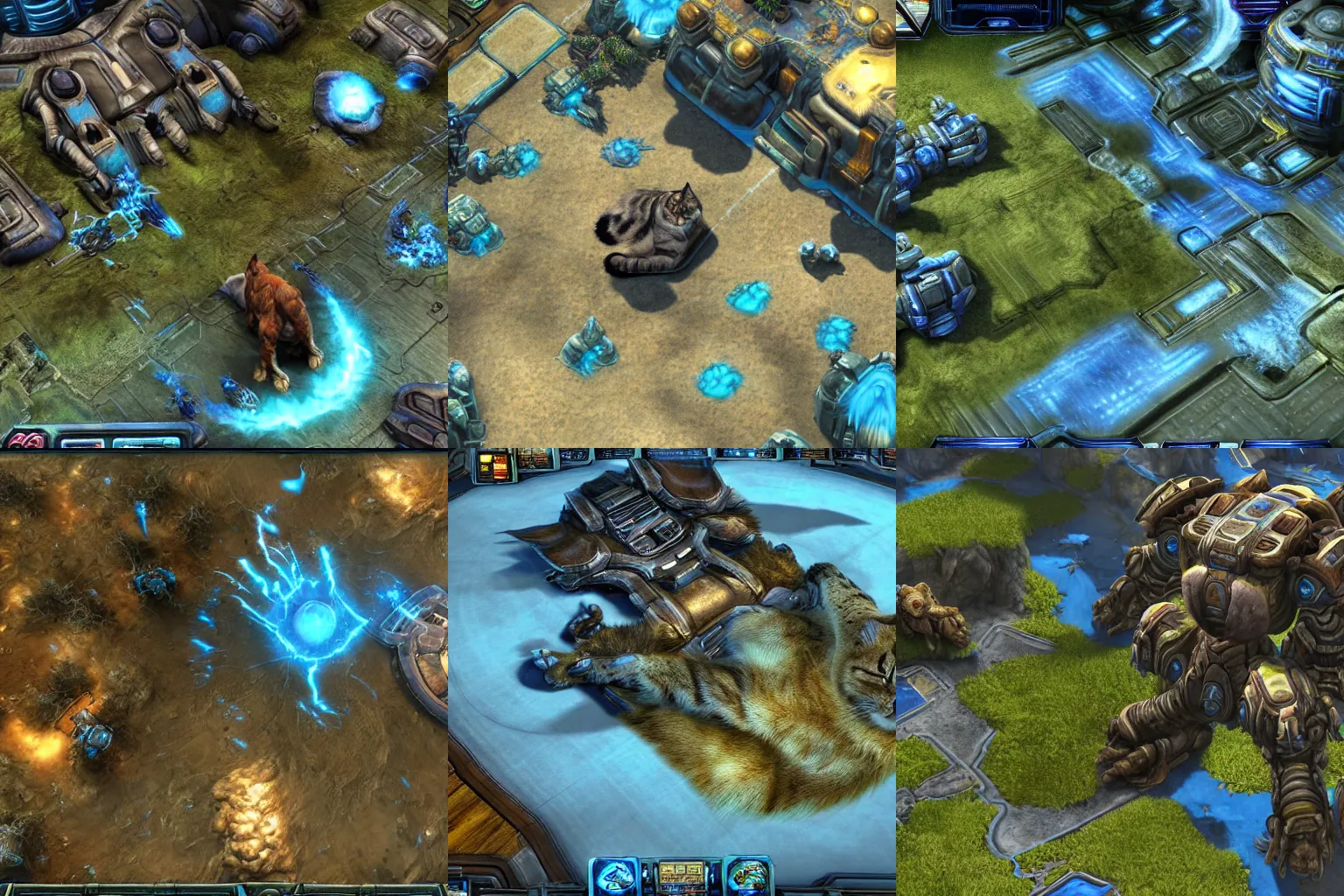 Prompt: screenshot of a giant cat sitting on a Starcraft 2 map