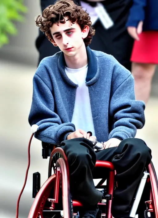 Image similar to timothee chalamet smoking a blunt sitting in a wheel chair, photo, realistic